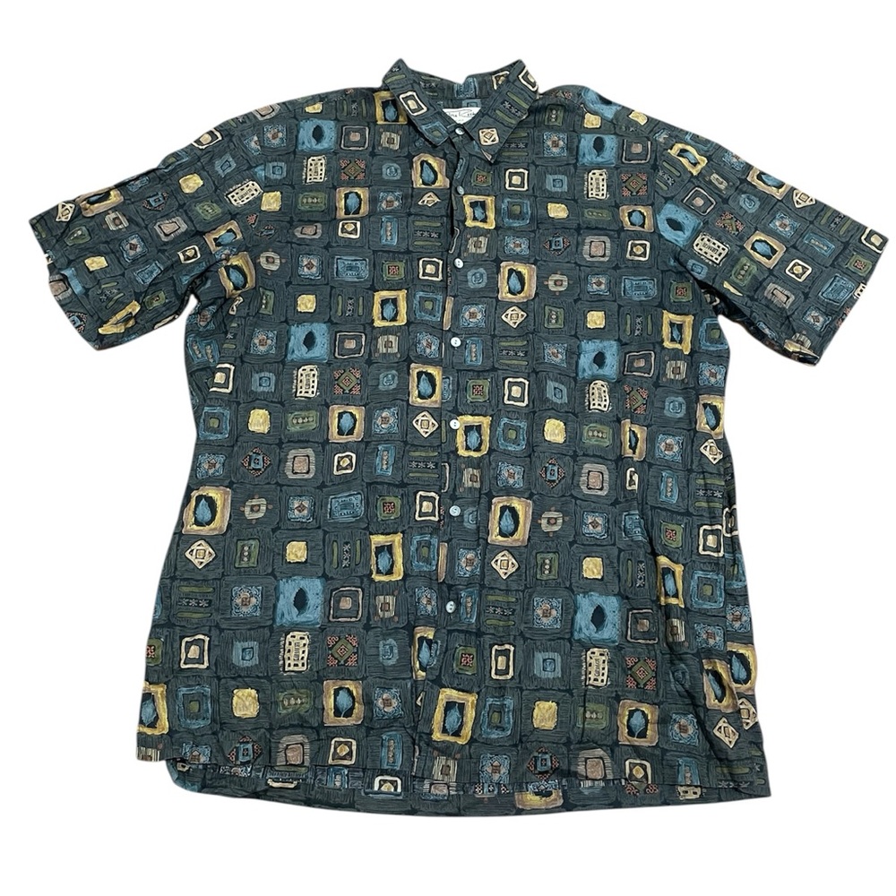 Men's Short-Sleeve Button-Up Shirt - Teal Geometric Print